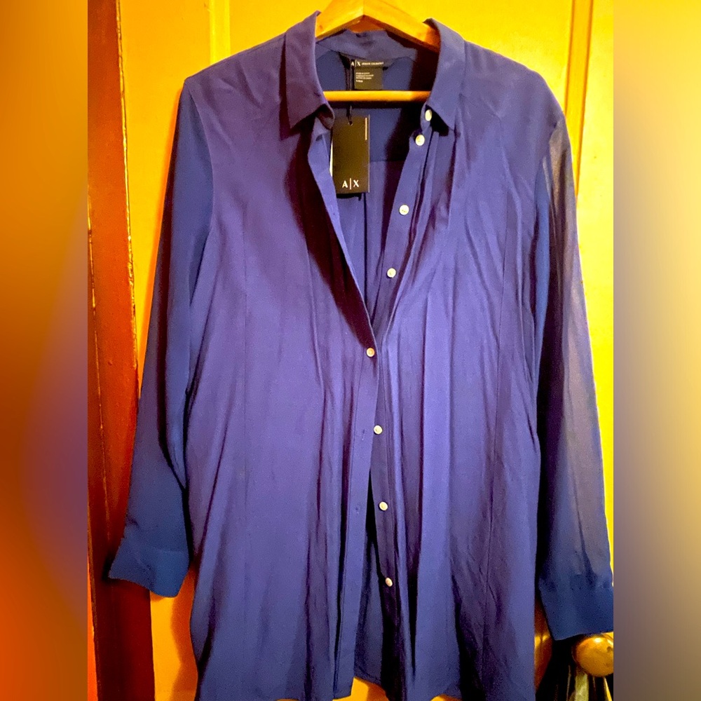 Navy blue blouse with sheer sleeves, never worn